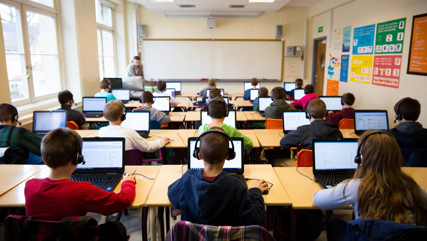 Des élèves de dos travaillent avec leurs casques sur l'application Voice recorder