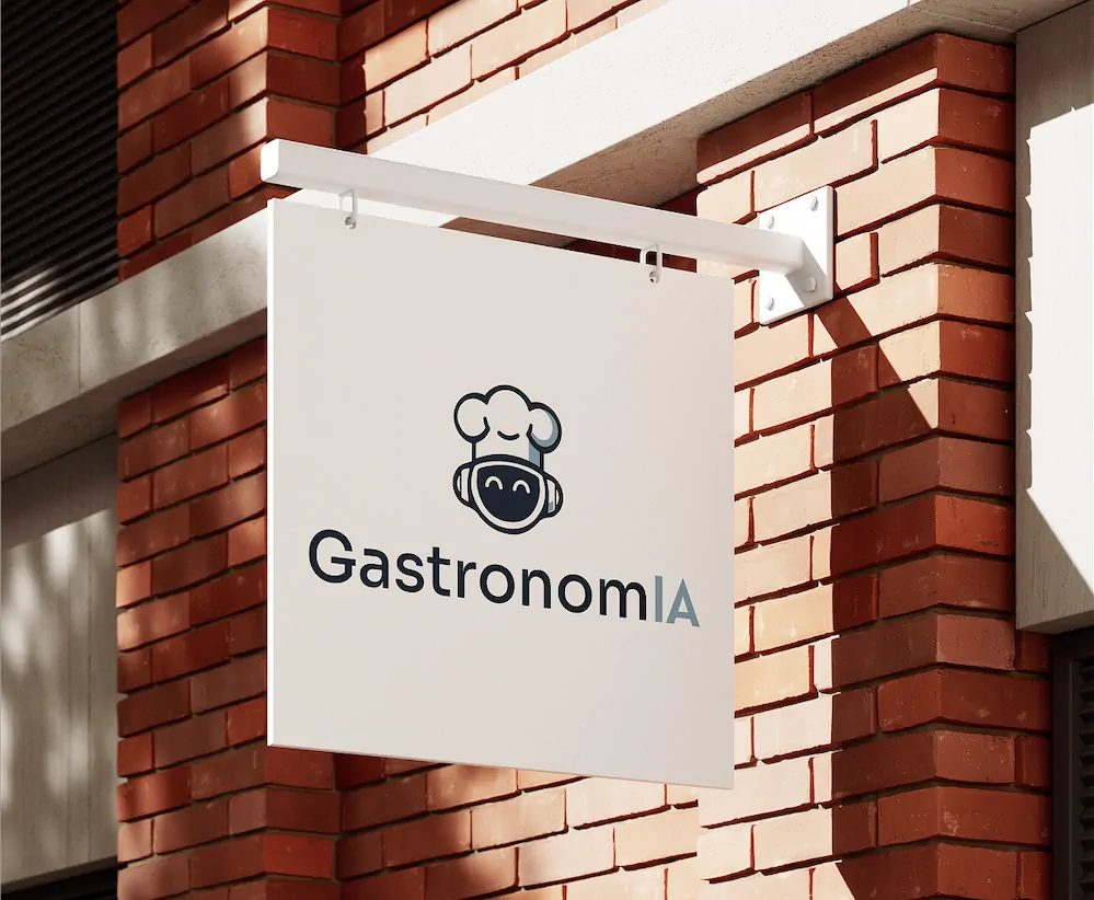 Enseigne blanche sur un mur en brique avec un logo Gastronomia