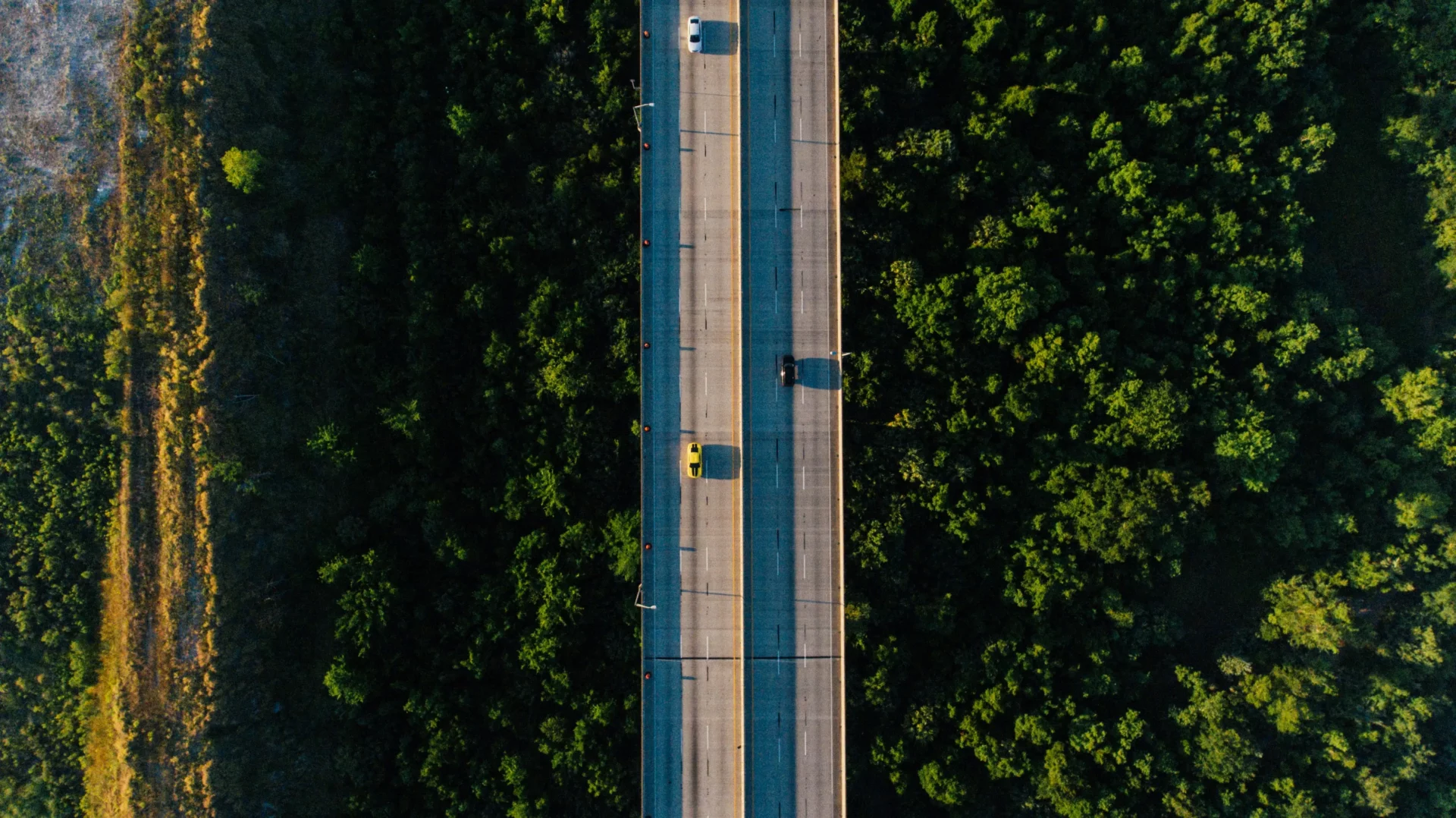 Autoroute vide vue de dessus à côté d'une forêt