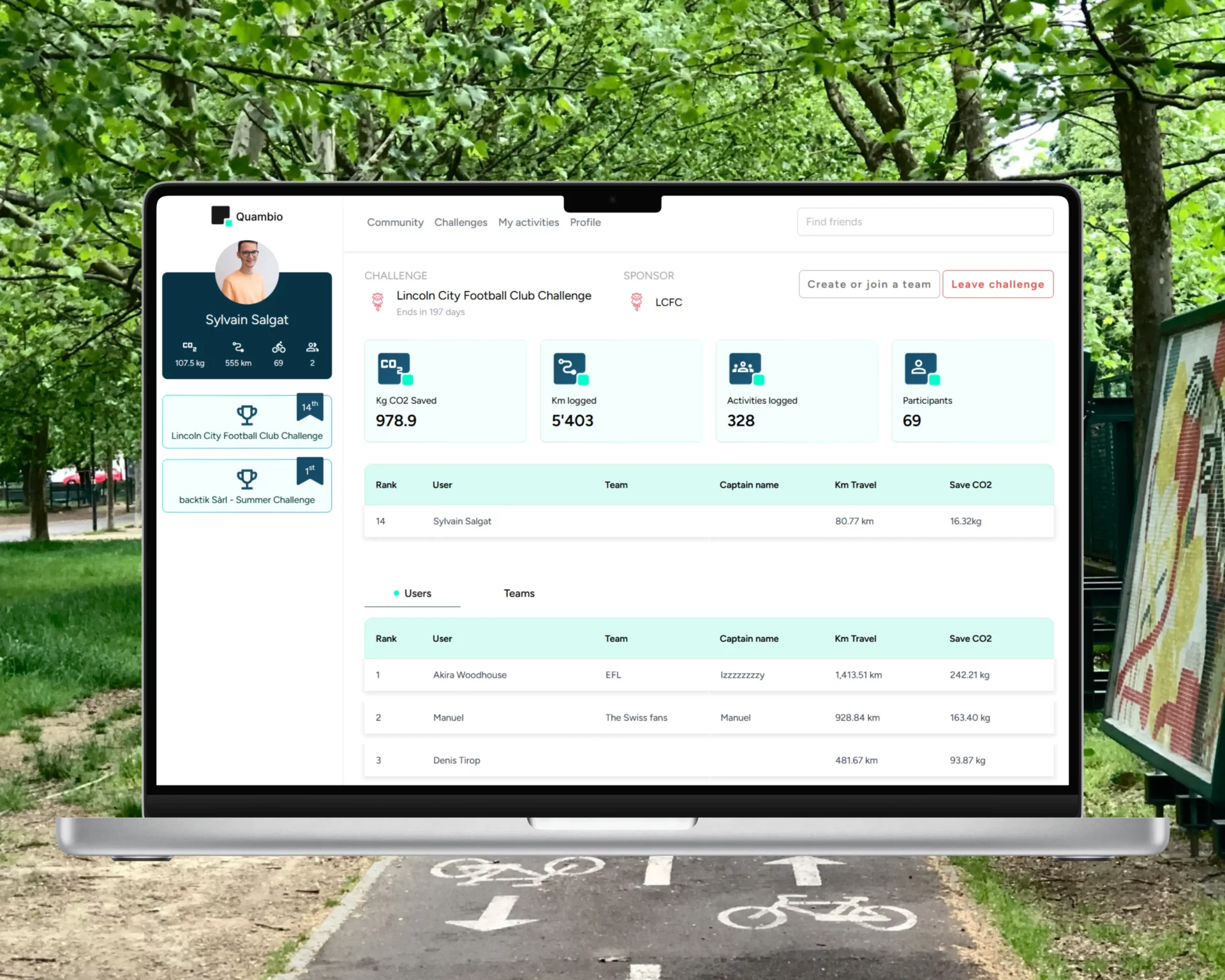 Tableau de bord de Quambio avec une piste cyclable en forêt en fond